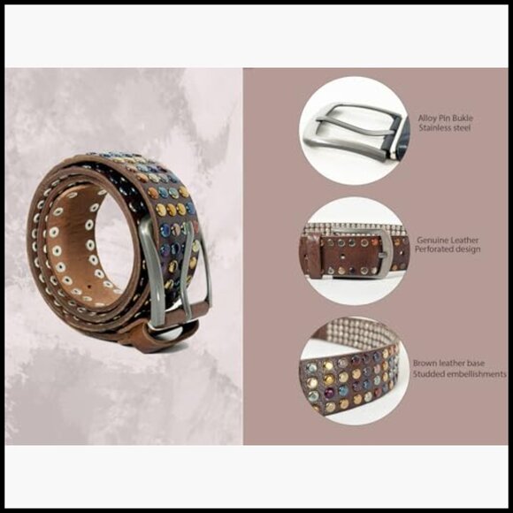 Studded Leather Belt Adjustable Genuine Leather with Metal Studs main image 5